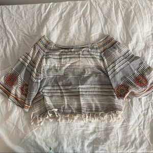 XOXO Striped Floral Embroidered Off The Shoulder Boho Top Size Large